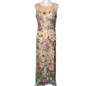 Metisu sleveless embroidered Maxi tulle dress Women SZ large floral peach prom